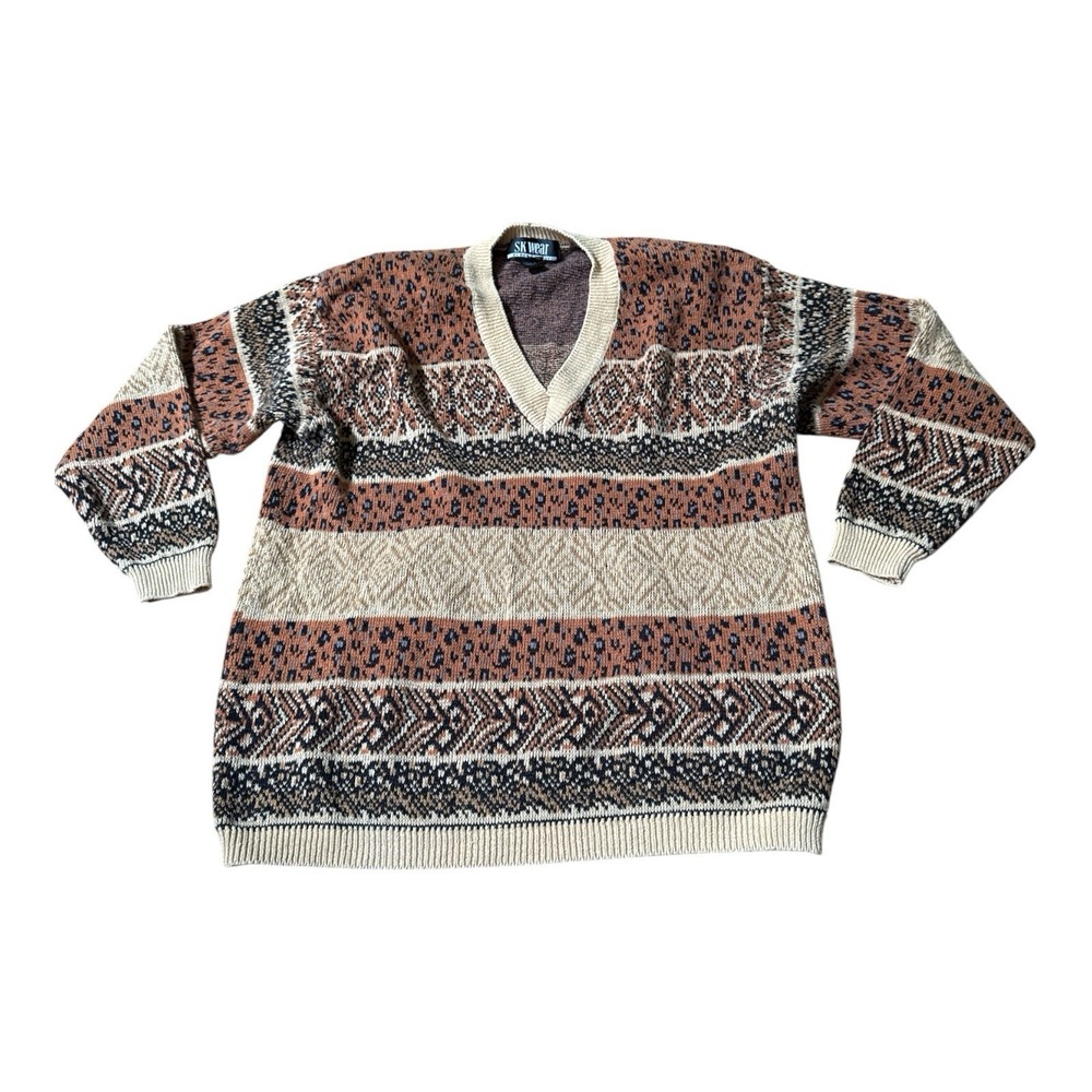 Vintage SK Wear Sweater Knit Animal Print Women's Large V-Neck 80s 90s